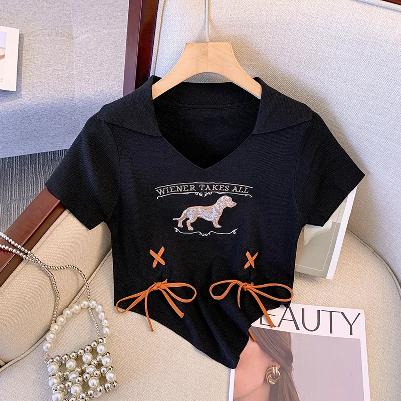 

Women's Retro Irregular Waist Lace Up Short Sleeve T-shirt Summer New Street Style Female Polo V-neck Sexy Umbilical Top
