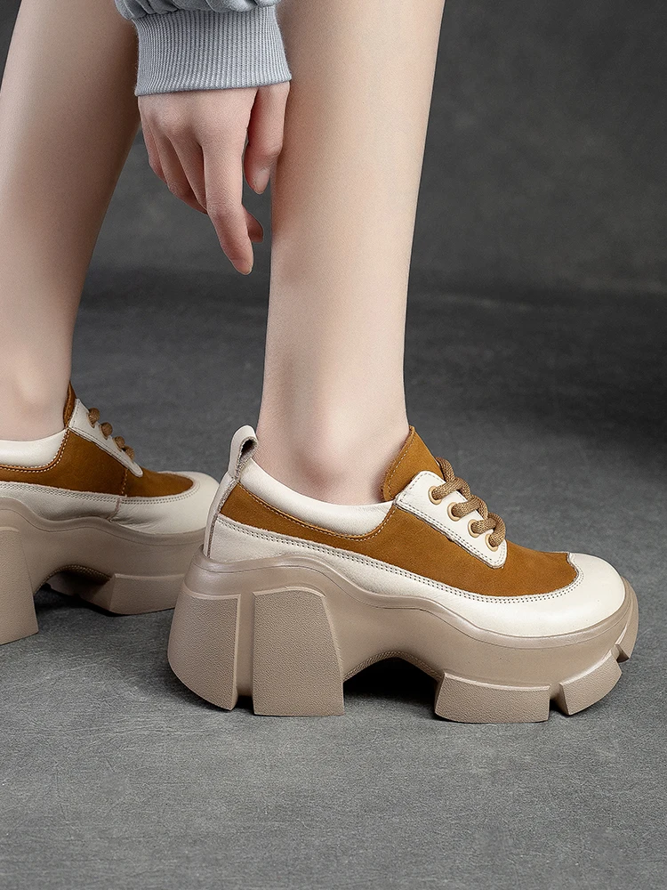Beffery Women's Chunky Sneakers Genuine Leather Flats Platform Shoes Handmade Round Toe And Lace-up Low-top Sneakers