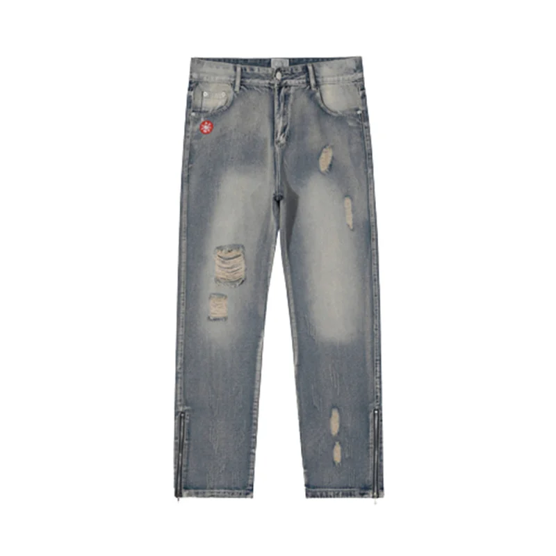 

Japanese CAVEMPT Style C.E Retro Dilapidated Washing Hole Straight Jeans Men And Women Zipper Leisure Trousers