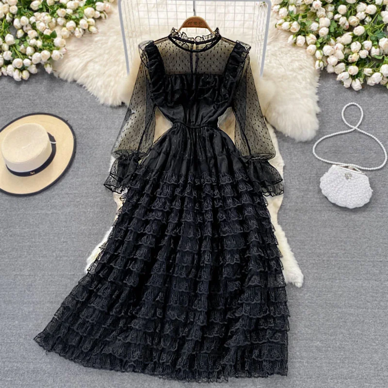 

High end luxury celebrity retro cake dress stand up collar, flared sleeves, mesh canopy skirt, elegant temperament, high waisted