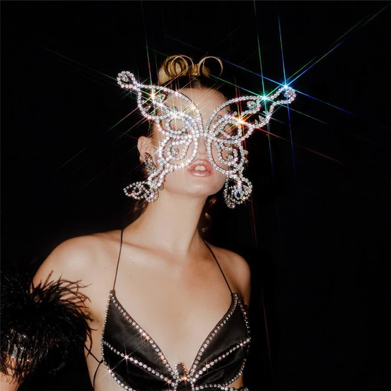 

Fashion Halloween Face Mask Rhinestone Jewelry for Women Bling Silver Color Butterfly Facemask Crystal Dance Jewelry Accessories