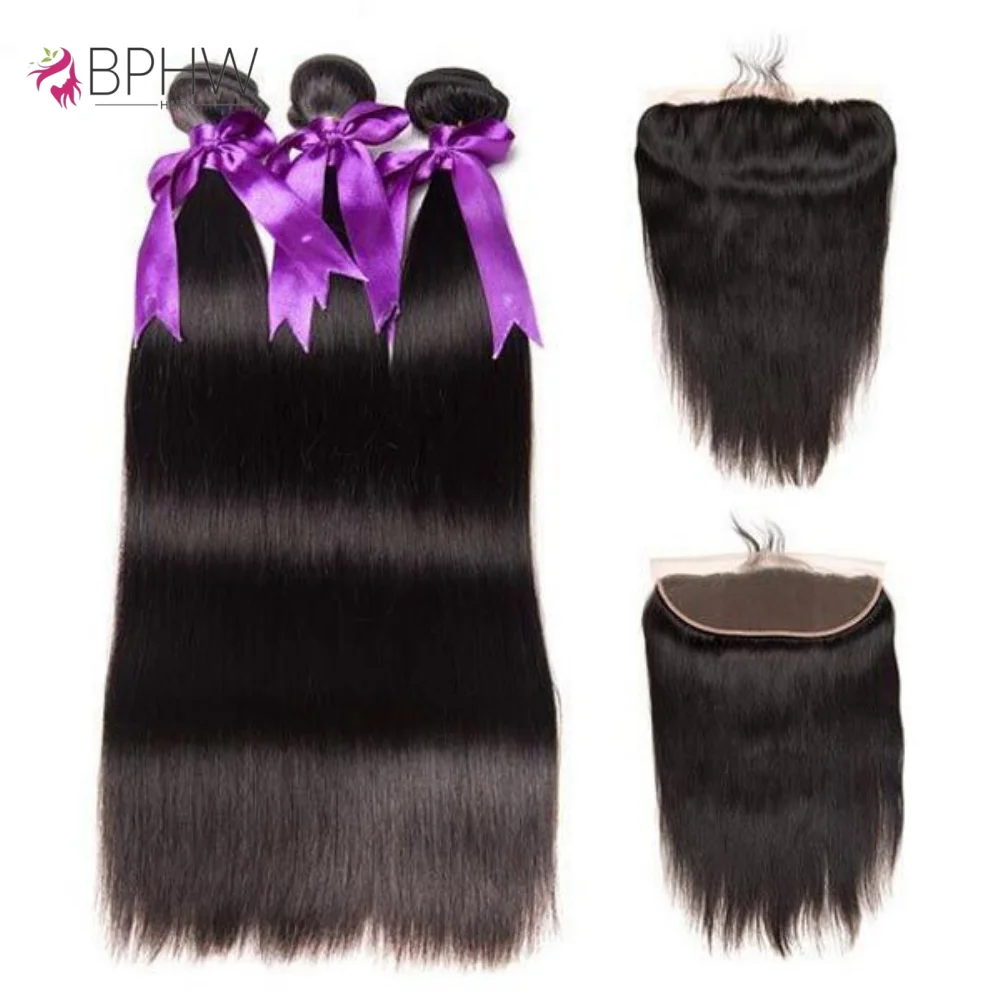 Brazilian Straight 3 Bundles With 13x4 Lace Frontal Real Human Hair Closure With Bundles Weave Virgin Hair Natural Black Color