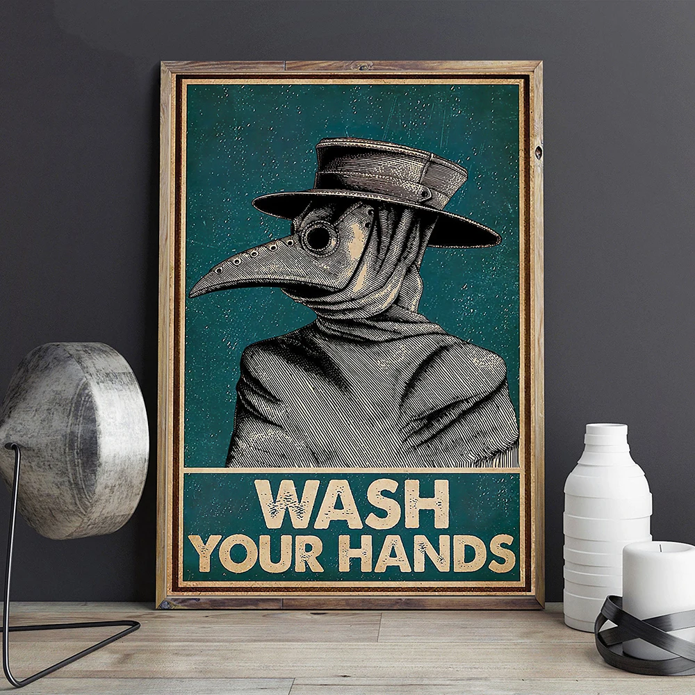 

Vintage Poster Plague Doctor Wash Your Hand Sign Public Health Retro Wall Art Bathroom Canvas Painting Print Doctor Office Decor