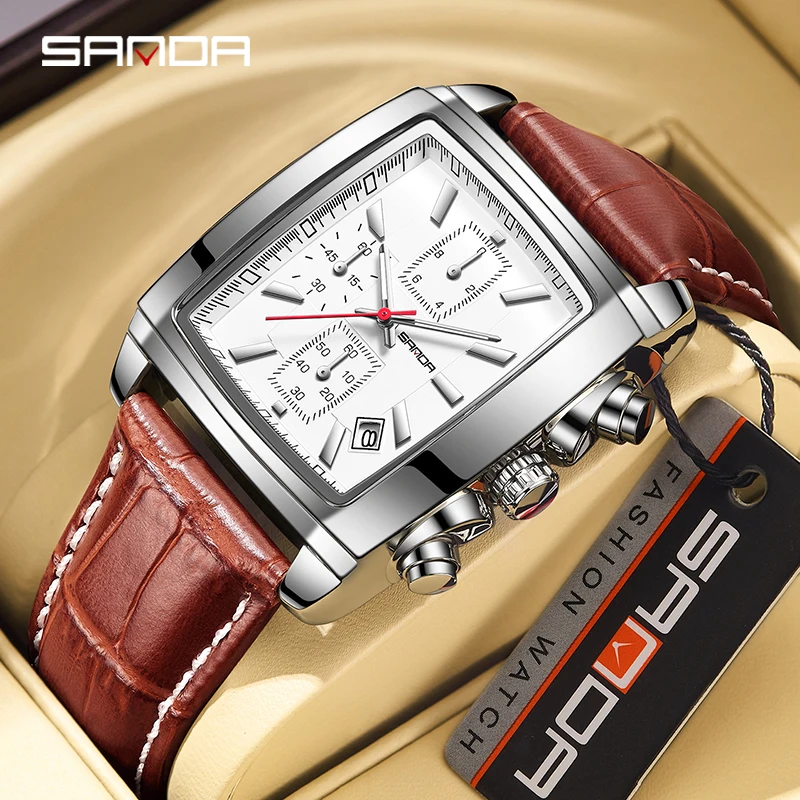 

SANDA Men's Business Analog Chronograph Luminous Rectangle Quartz Watch with Stylish Leather Strap for Sport & Work Wristwatch