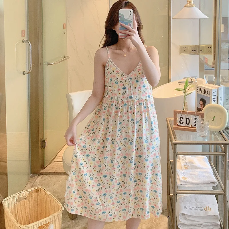 Women Summer Night Infections Printing Bra Sling Pajama Dresses Cotton Sexy Lace Long Length Student Room Wear Nighty For Lady