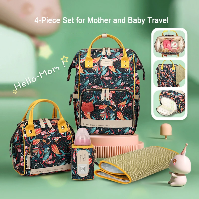 4pces Set Mommy Bag Multifunctional USB Thermal Insulation Large Capacity Mother Baby Backpack Travel Organizer Diaper Bag