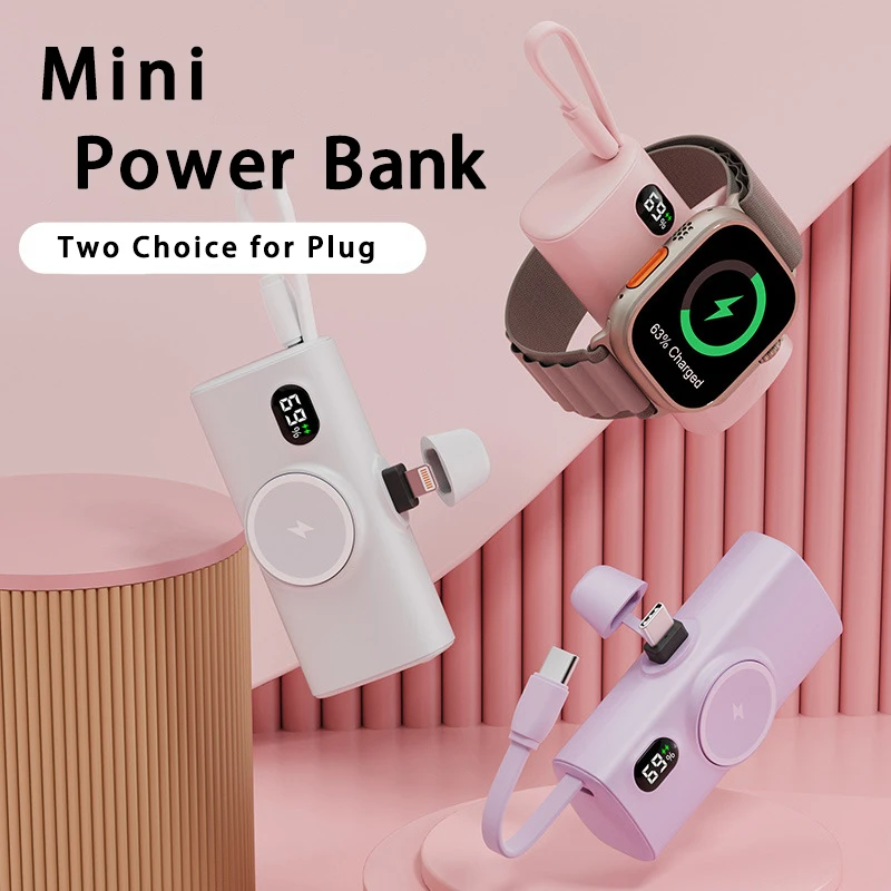 Фото Мини-портативное беспроводное зарядное устройство (Power Bank) 5000 мАч для Apple Watch, iPhone 16, 15, внешний аккумулятор для Samsung, Huawei, Xiaomi №2