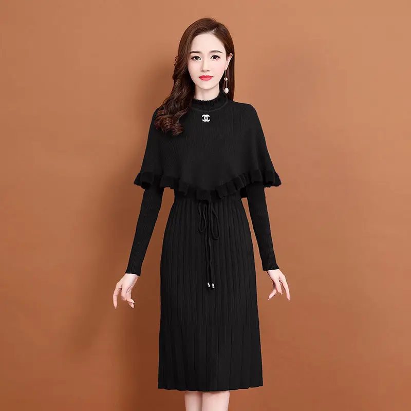 Knitted Dress 2 Peice Set Women Solid Color Half High Collar Ruffles Cloak+V-Neck Sweater Dress Outfits Fall Winter Korean Suit