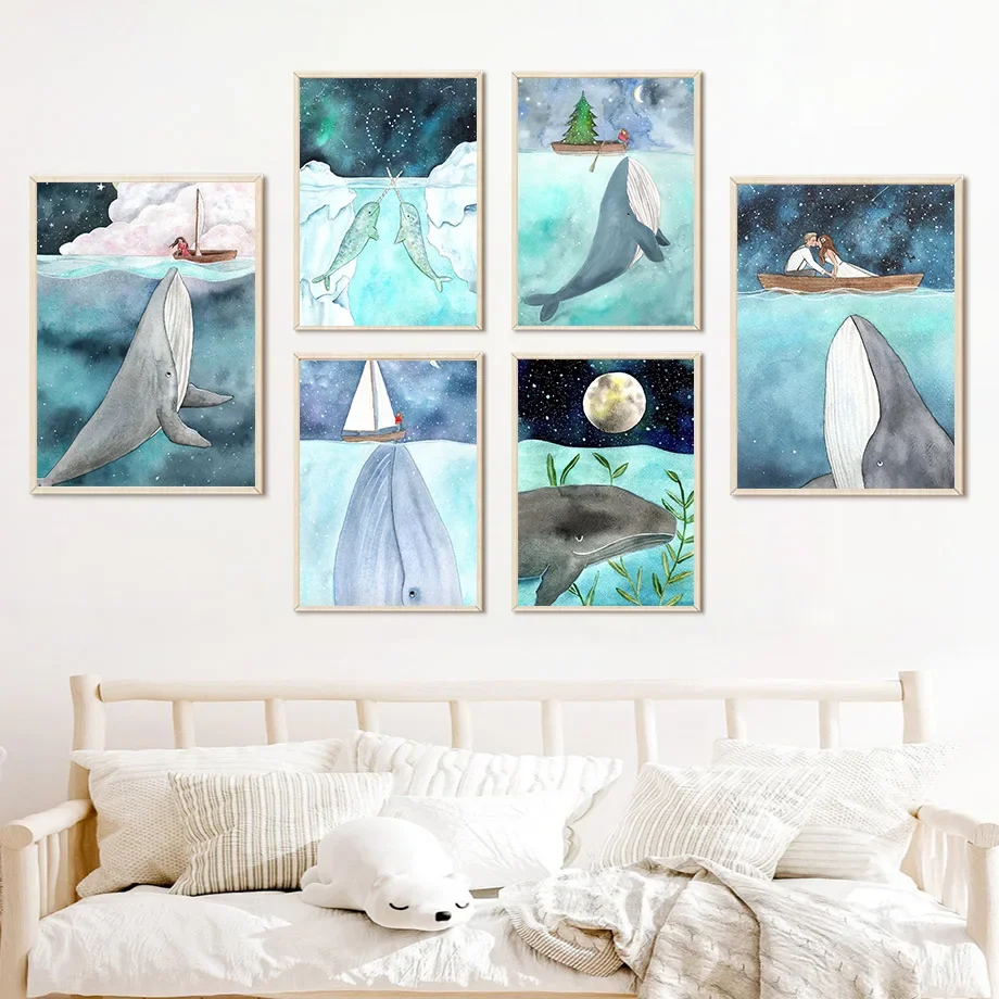Китов нарваль девочка мальчик океан Мир Детская стена искусство холст картина