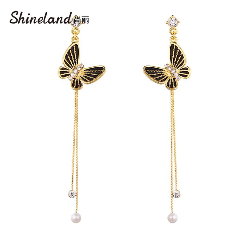 

Shineland Long Brincos Women Butterfly Crystal Simulated Pearl Tassel Drop Dangle Earring Bijoux Statement Jewelry Gift 2023