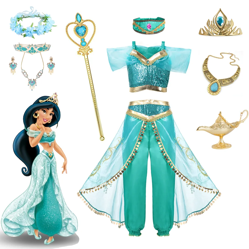 Disney Jasmine Princess Dress of Birthday Party Carnival Cosplay Aladdin agic Lamp Girls Costume Top + pantaloni + Set di abbigliamento per fascia