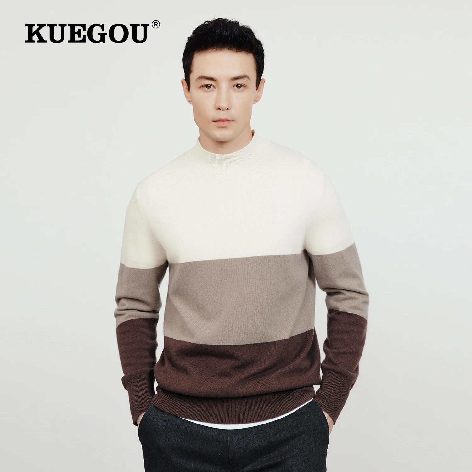 

KUEGOU 2022 Autumn 100% Wool Plain Coffee Striped Sweater Men Pullover Casual Jumper For Male Wear Brand Knitted Clothes 2202