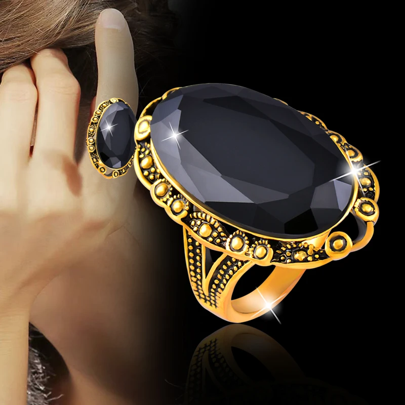 

LEEKER Vintage Big Black Oval Stone Rings For Women Size 6 7 8 9 10 Antique Silver Color Jewelry Anel bijoux femme ZD1 LK2