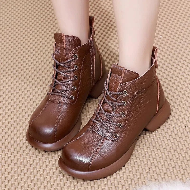 2022 New Women Retro Autumn Winter Shoes Boots Genuine Leather Zip Round Toe Handmade Concise Leisure Flat Mom Dance Boots