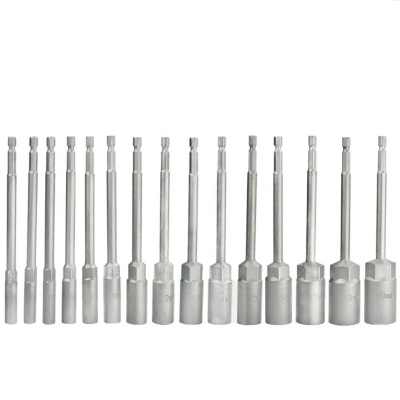 

15 Pcs 150Mm Deepen Power Nut Driver Drill Bit Set 5.5-19MM Impact Socket Adapter For Power Tools 6.35MM Hex Shank