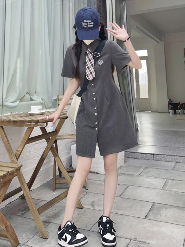 

Серое Женское Платье-поло, летние новые стильные мини-платья с высокой талией и коротким рукавом в стиле преппи