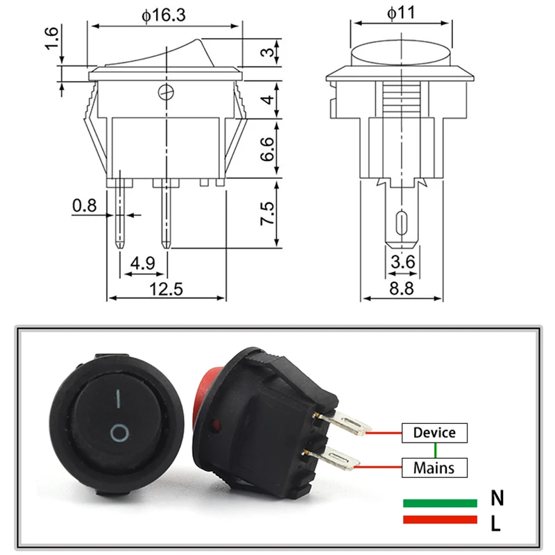 5/10 шт. 2-контактный диаметр 16 5 мм круглый кулисный переключатель для лодки 3A/250 В