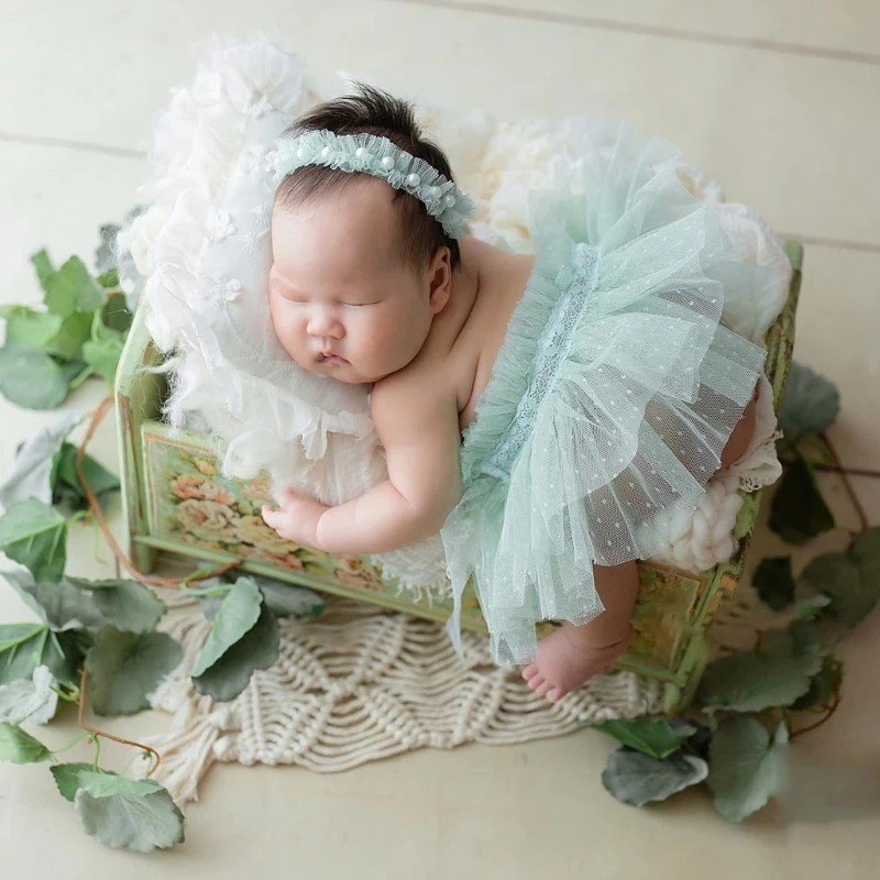 

Newborn Photography Props Lace Skirt Pearl Headband Set Baby Photo Shooting Costume Posing Assist Fotografie Accessory
