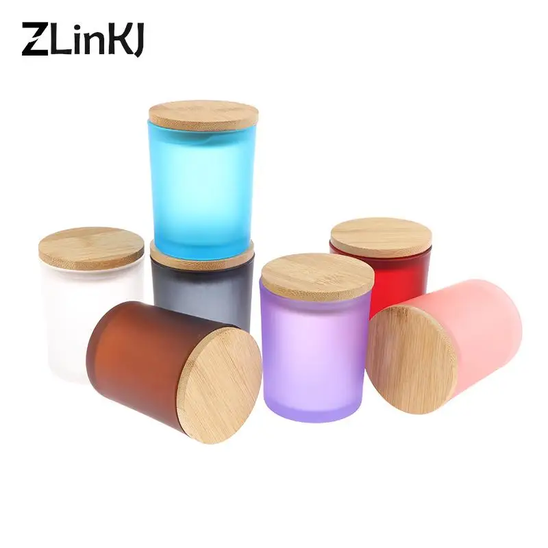 1 Piece Frosted Glass Jar Candle Cup Empty Container Aromatherapy Candle Holder With Wood Lid