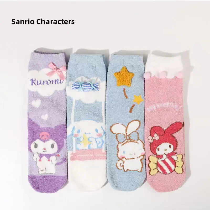 

Kawai Sanrio My Melody Kuromi Cinnamoroll Cartoon Socks Coral Fleece Mid-Calf Thickened Warm Floor Anime Cute Ladies Socks Gifts