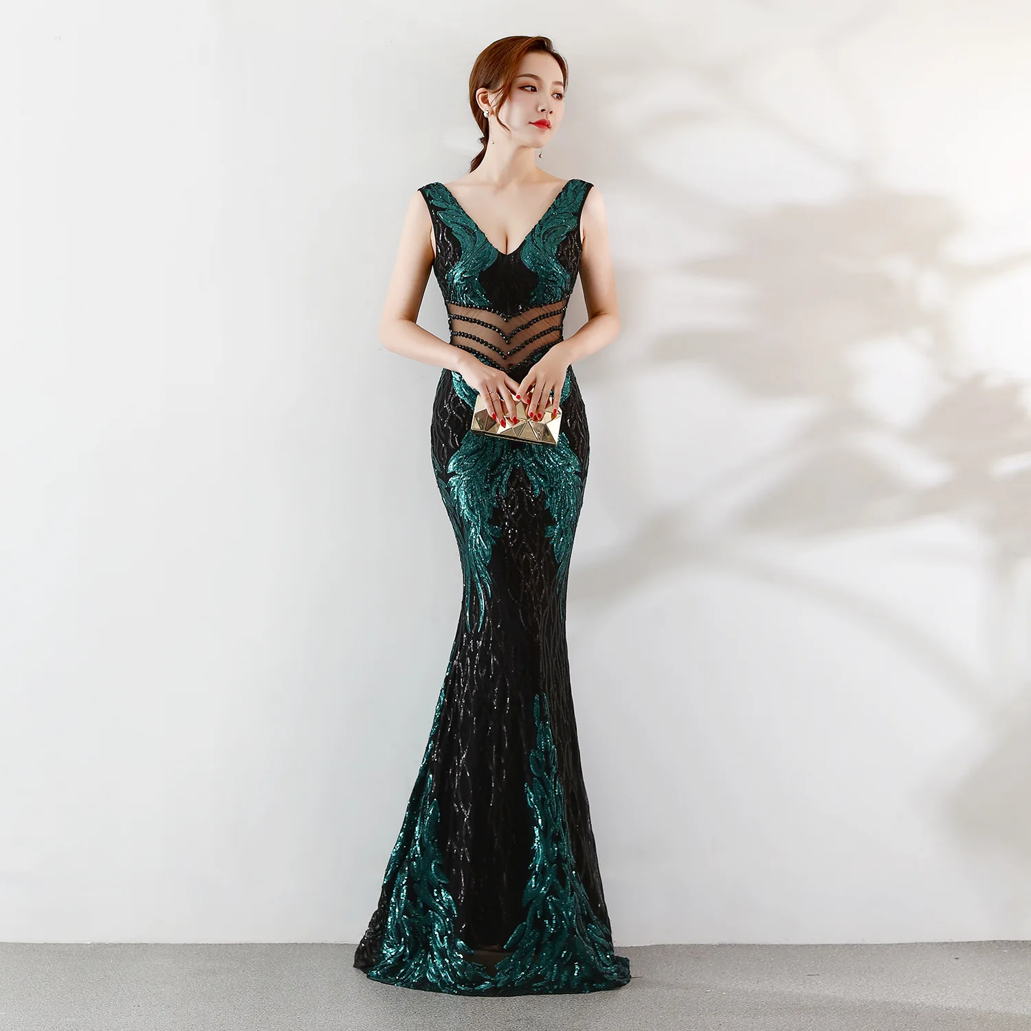 

Green Sequin Elegant Dresses for Women V-neck Luxury Party Dress Mermaid Evening Dress Woman Special Occasion Dresses Gowns Long