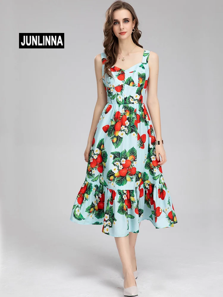 

JUNLINNA Beach Holiday Dress Fashion Flower Printed Camisole Summer New Party Sliming Expansion Vestidos