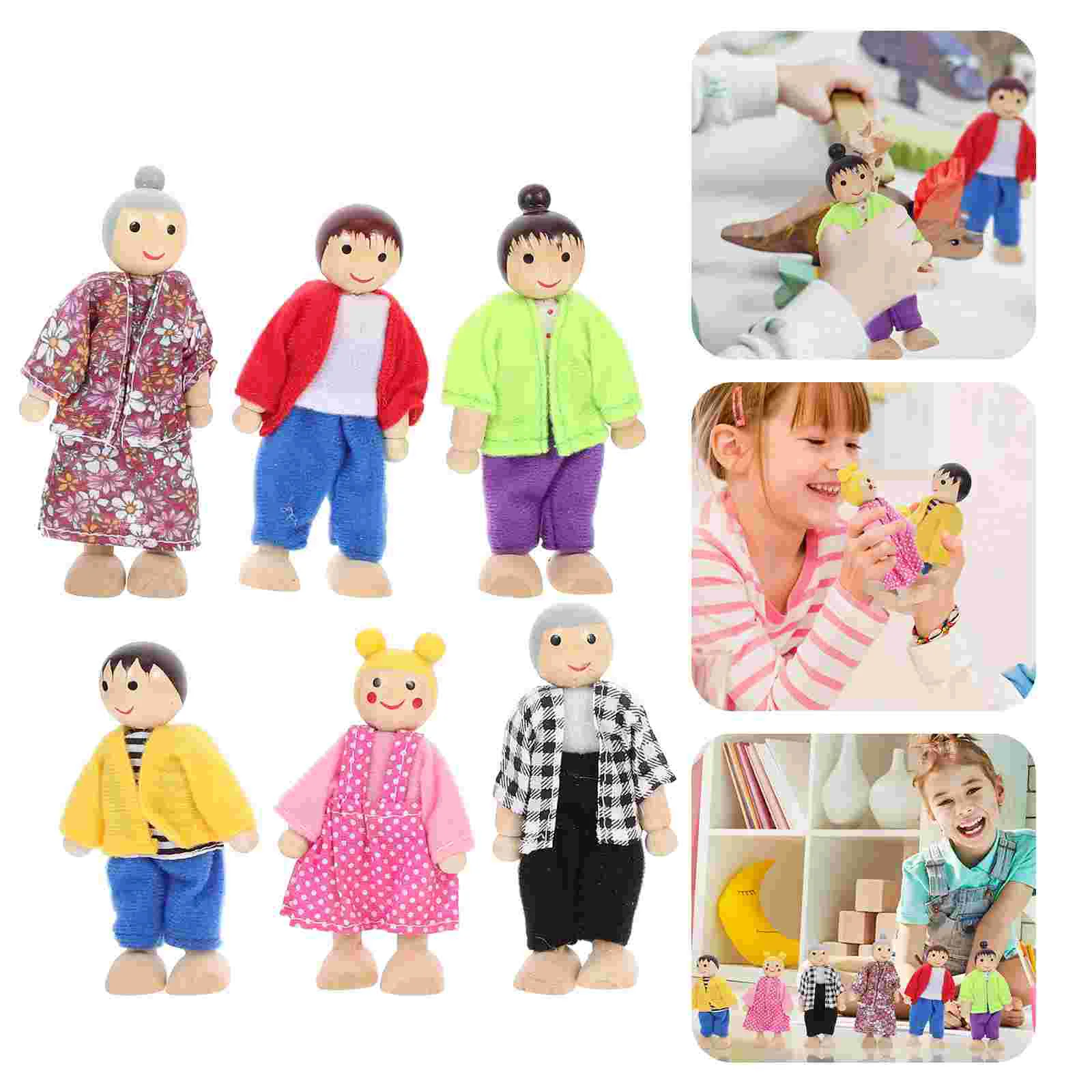 

Wooden Poseable Dollsfamily Figures People Set Decorative Playset House Toy Kidspretend Play Miniature Small Resistant Wear