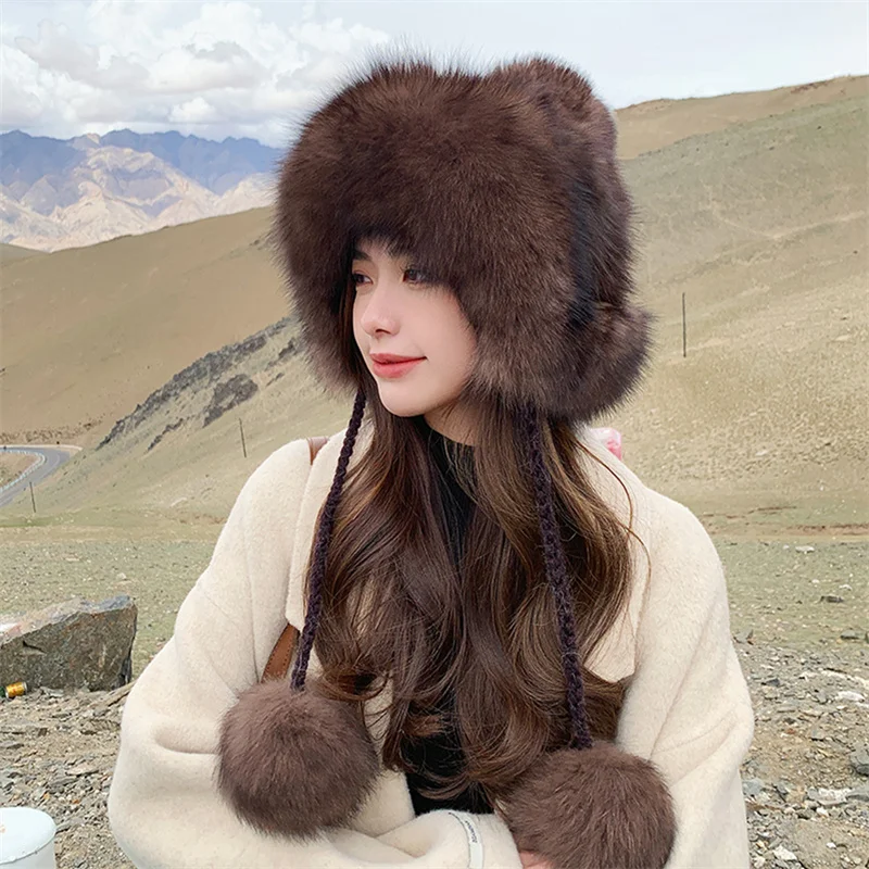 2023 Russian Women's New Fur Hat Winter Premium Purple Mink Fur Warm Fox Hair Ball Ear Protector Soft Fluffy Mink Hat