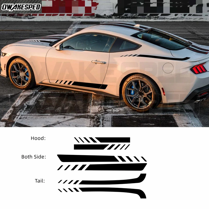 Фото Набор из 6 наклеек-декалей для Ford Mustang 2024-2026: на крышку двигателя, боковые полосы дверей, задние крылья. Аксессуары. №1