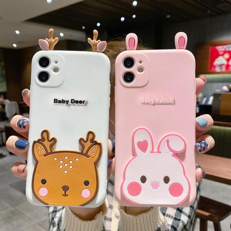 Lovely 3D Deer Cartoon Case For Galaxy S8 S9 S10 S20 S21 S22 FE Plus Cute Rabbit Silicone Cover Samsung Note 8 9 10 20 Ultra