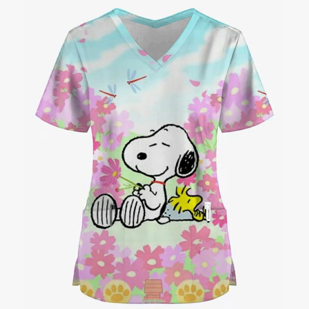 Униформа медсестры Snoopy с мультяшным принтом и V-образным вырезом карманы скрабы