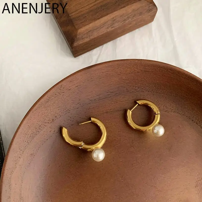 

Женские серьги-кольца с жемчугом ANENJERY, серебристого цвета