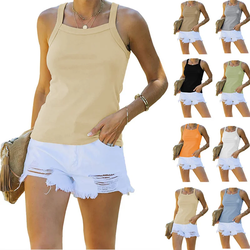 

2022 Summer New Women'S Clothing European And American Women'S Small Pit Strip Solid Color Camisole Casual Top Women