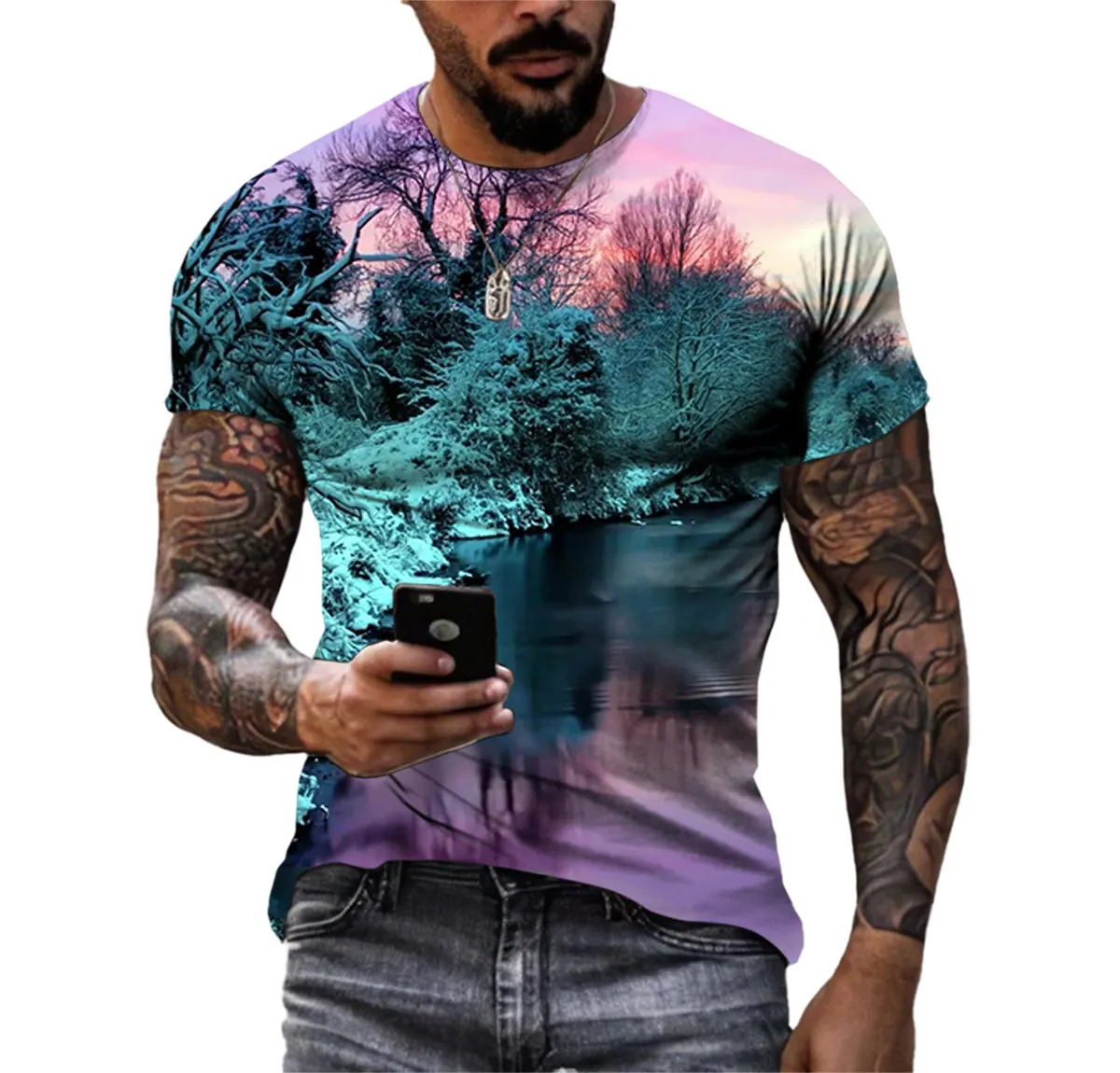

Summer T-shirt Snow View Men's New Personality Large Silhouette 3d Hd Digital Print Crewneck Comfortable Short-sleeved Clothing