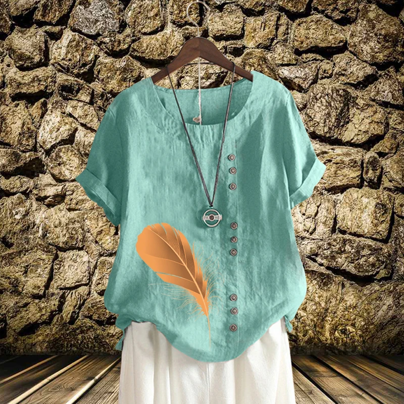 

Fashion Women Round Neck Blouse Vintage Feather Printed Multicolor Linen T Shirt Leisure Loose Cotton Short Sleeve Tops XS-5XL