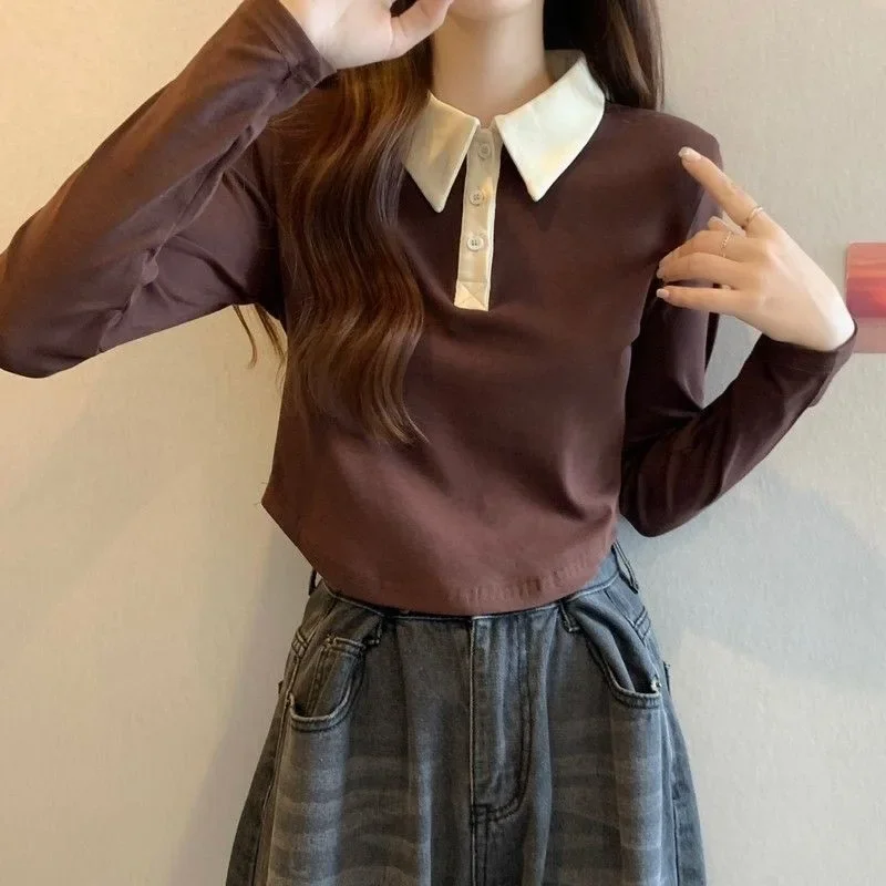 Women's Polo Collar Slimming Inner T-Shirt Long Sleeve Base Layer Top Niche Cropped Design Sensibility For Autumn