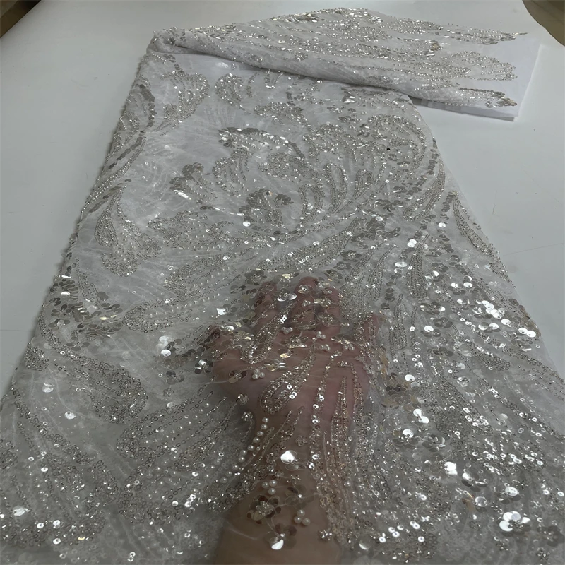 

Top Quality Luxury Handmade Beads Nigerian Lace fabric 2022 African French Embroidery Lace Fabric with sequins CD-250