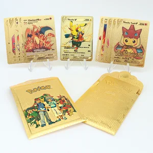 Imported 11Pcs/Set Pokemon Gold Foil Card Soft Metal Letters Español Cards Boxes VMAX Charizard Game Collect