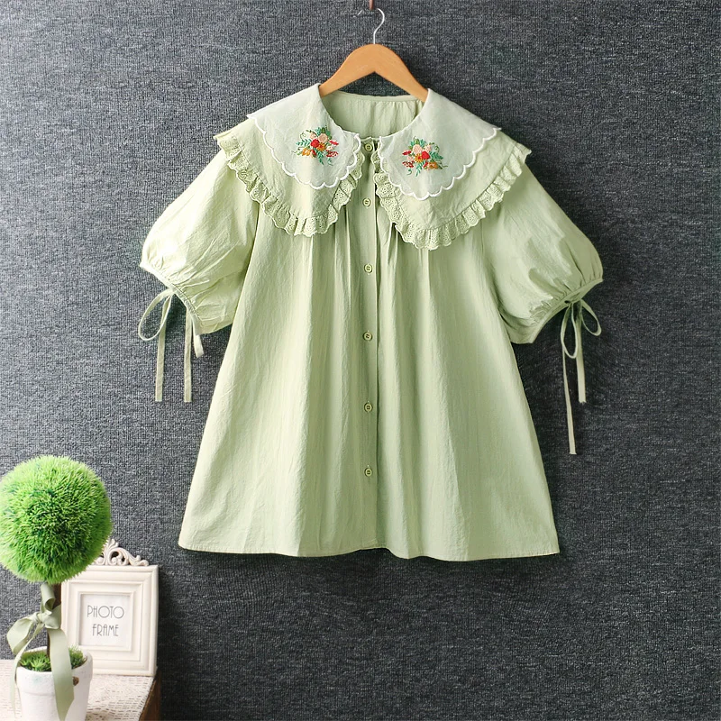 

Summer Sweet Embroidery Double-layer Collar Shirt Women Short Sleeve Single Breasted Top ML062