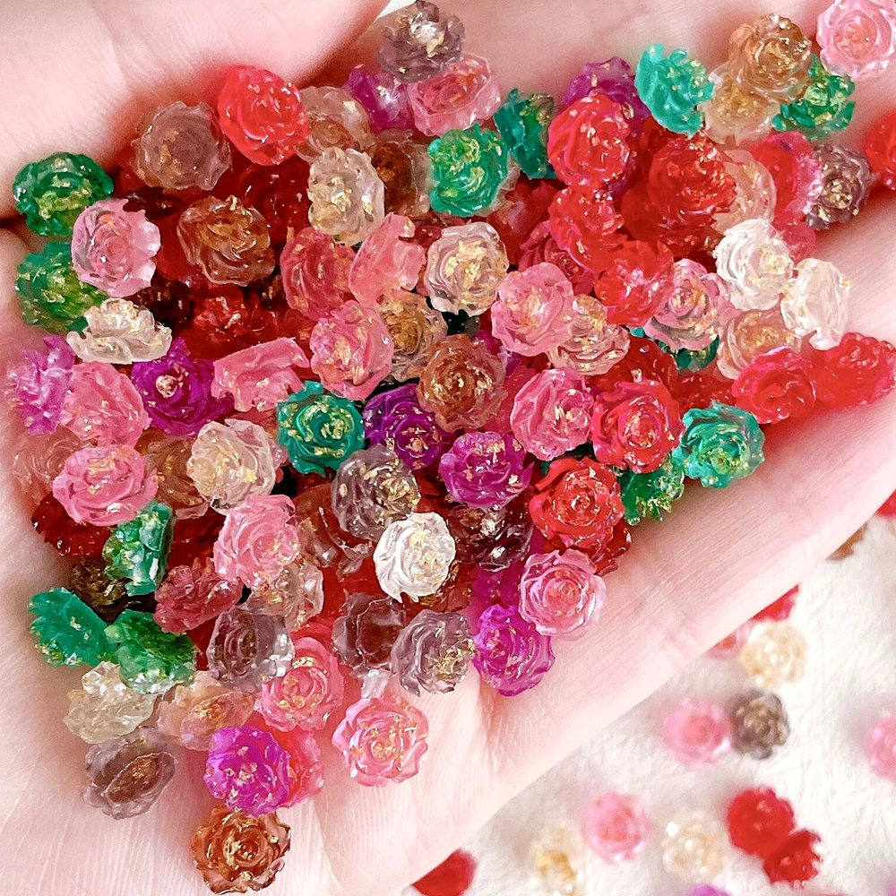 

30PCS 8MM 3D Acrylic Flower Nail Art Charms Accessories Gold Foil Rose Design For Nails Deoration Manicure Supplies Materials