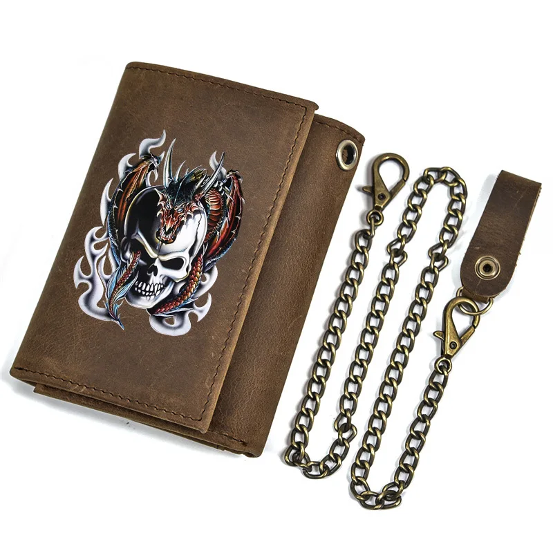 High Quality Men Genuine Leather Wallet Anti Theft Hasp With Iron Chain Classic Dragon Skull Cover Card Holder Short Purse