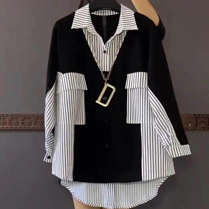 

Fashion Korean Striped Patchwork Shirt Female Casual Long Sleeve All-match Loose Single-breasted Blouse Women's Clothing 2023