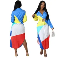 Elegant Women Colorblocked Long Sleeve Single Breasted Side Split Irregular Hem Shirt Style Smock Maxi Long Dress 2022