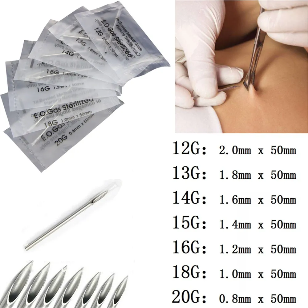 

100Pcs/lot Disposable Sterile Body Piercing Needles Medical Tattoo For Navel Nipple Ear Nose Lip 12g/13g/14g/15g/16g/18g/20g