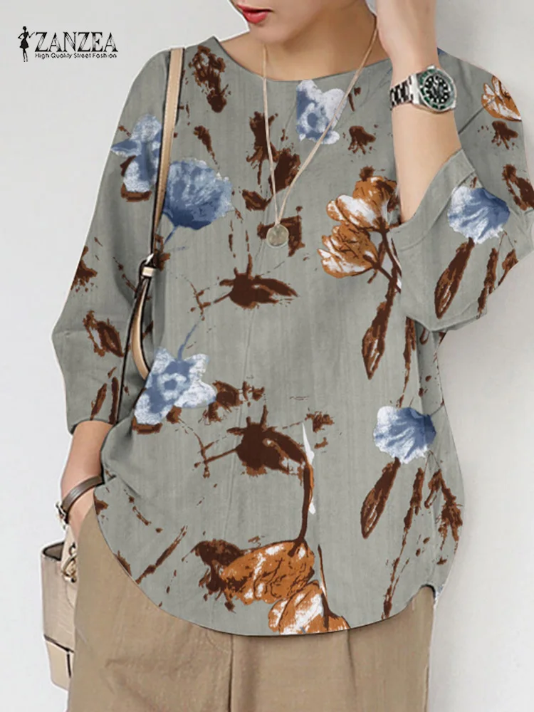 

Женская винтажная блузка с цветочным принтом, круглым вырезом и рукавом 3/4