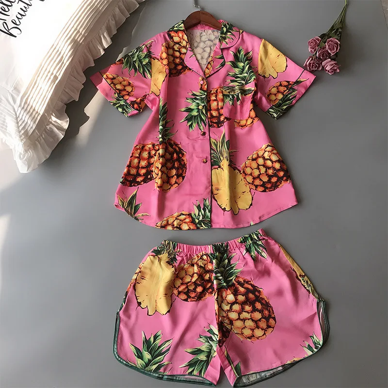 

Women's Silk Pajama 2 Pieces Set Casual Satin Pijama Set With Chest Pocket Sleepwear Pink Pineapple Short Sleeve Shorts Homewear