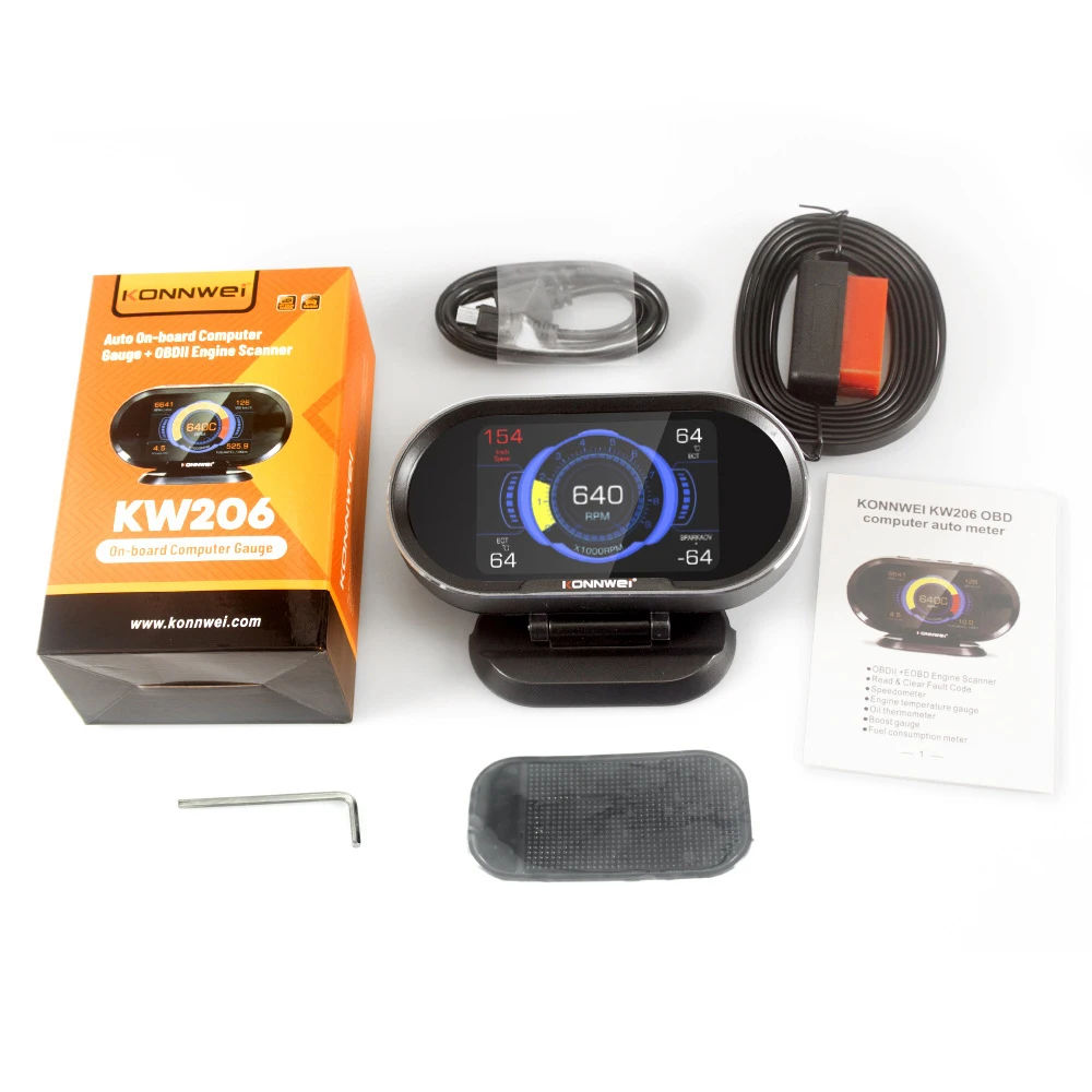Автомобильный цифровой Компьютерный дисплей KONNWEI KW206 OBD2, бортовой компьютер, сканер OBD 2, датчик расхода топлива, воды, температуры