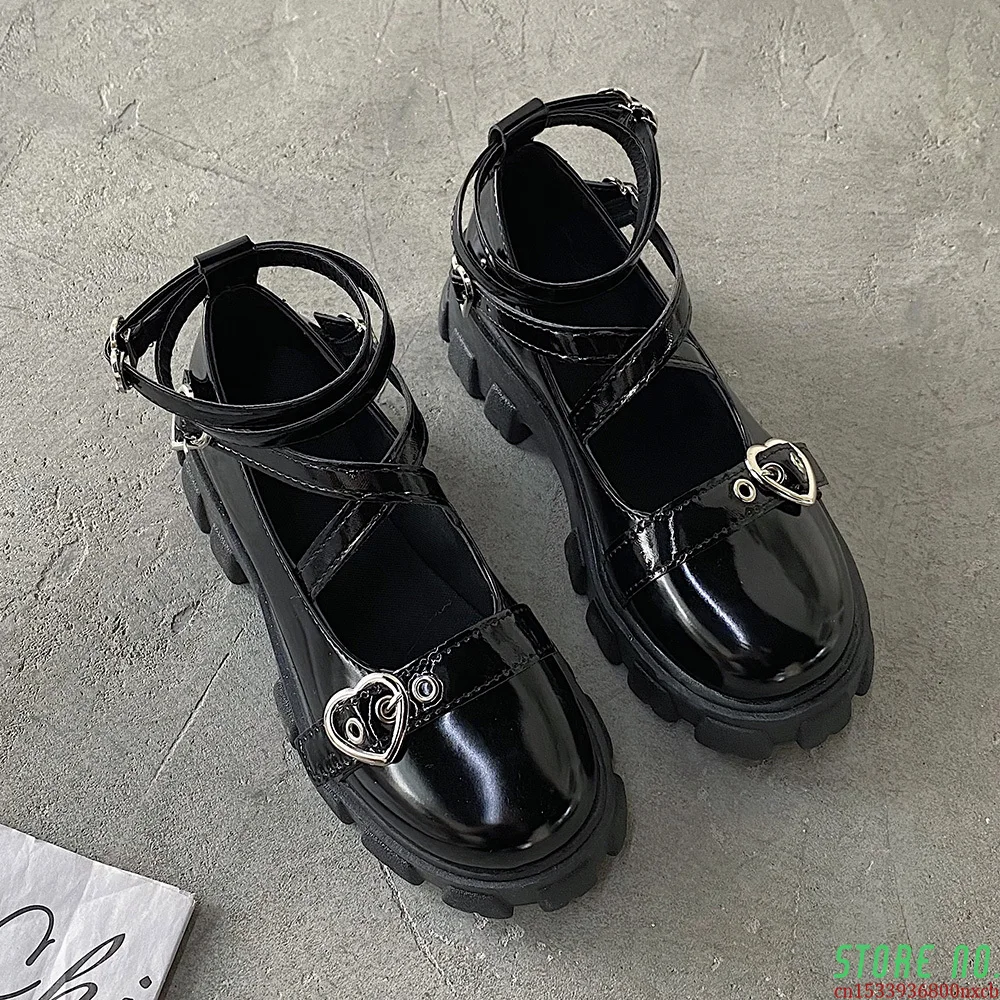 

Sweet Lolita Shoes Platform Round Head Thick Heel Cross Bandage Women Shoes Kawaii Shoes Cosplay Mary Jane Shoes Heart Buckle S1