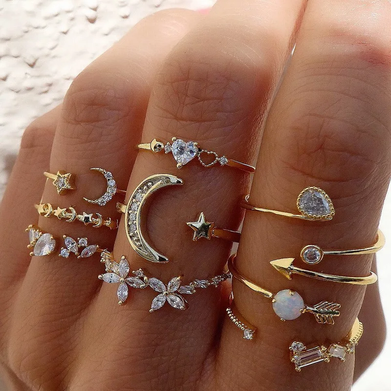 Bohemian Moon Star Heart Ring Set for Women Crystal Flower Leaf Butterfly Geometric Arrow Vintage Jewelry Finger Friendship Gift