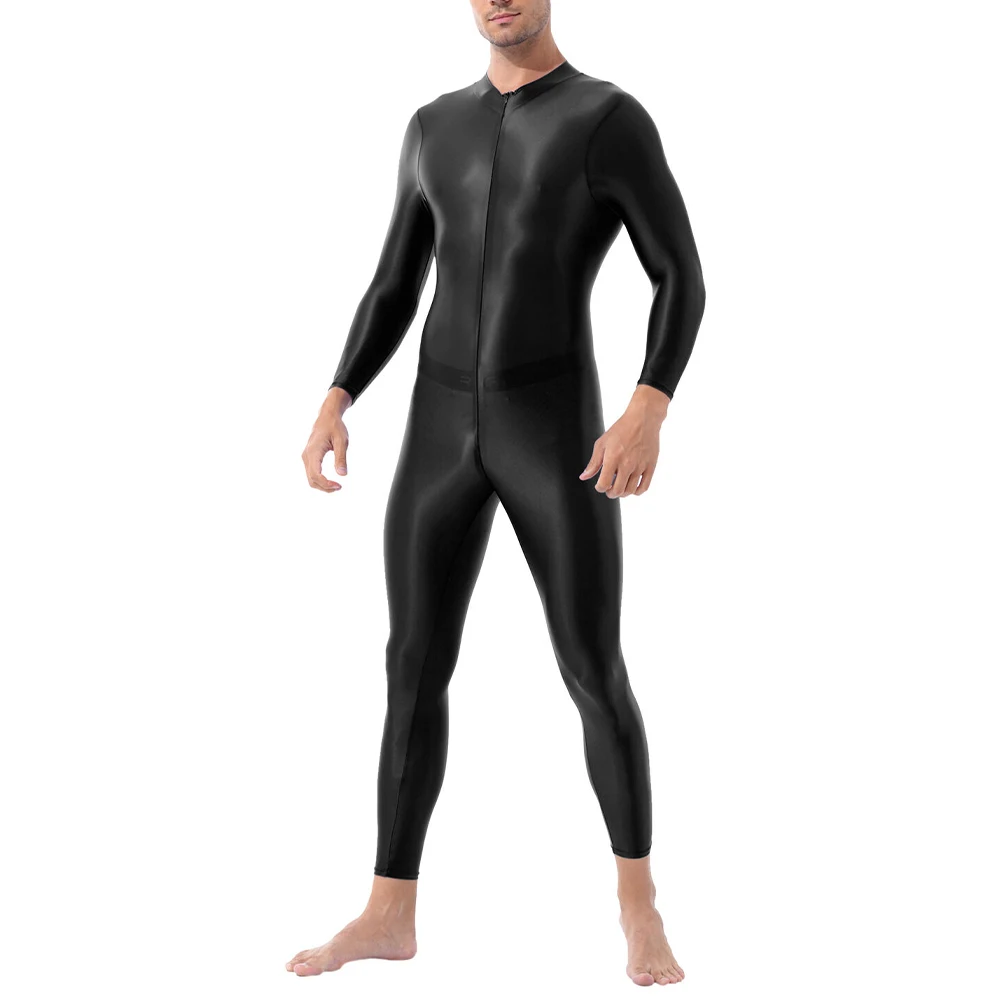 

Men Sexy Oil Shiny Long Sleeve Zip-Up Leotard Lingerie Bodysuit Jumpsuit Glossy See Through Solid Erotic Thin Male Bodysuits